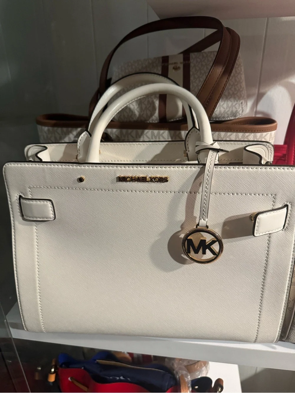 Michael Kors Cream/White Saffiano Leather Satchel with Gold MK Charm
